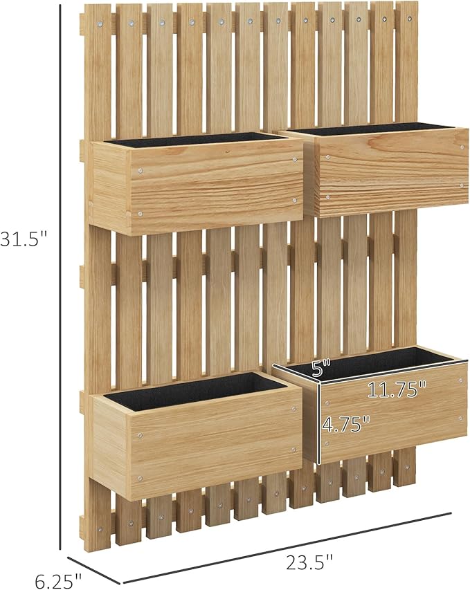 Outsunny 4 Box Raised Garden Bed with Trellis for Vine Flowers &amp Climbing Plants 31.5 Tall Wall-Mounted Wood Planter Box Set with Adjustable Height Drainage Hole Natural