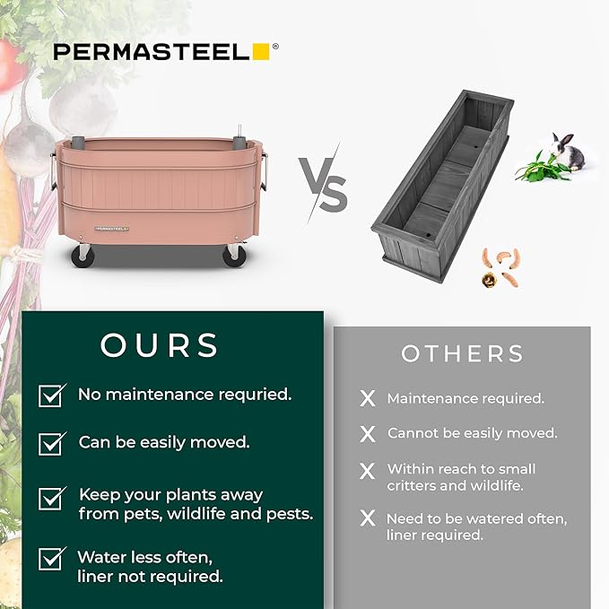 Permasteel Self-Watering Garden Bed Rolling Planter for Vegetables Flowers Herbs and Fruit Outdoor Indoor Caster Wheels Pink