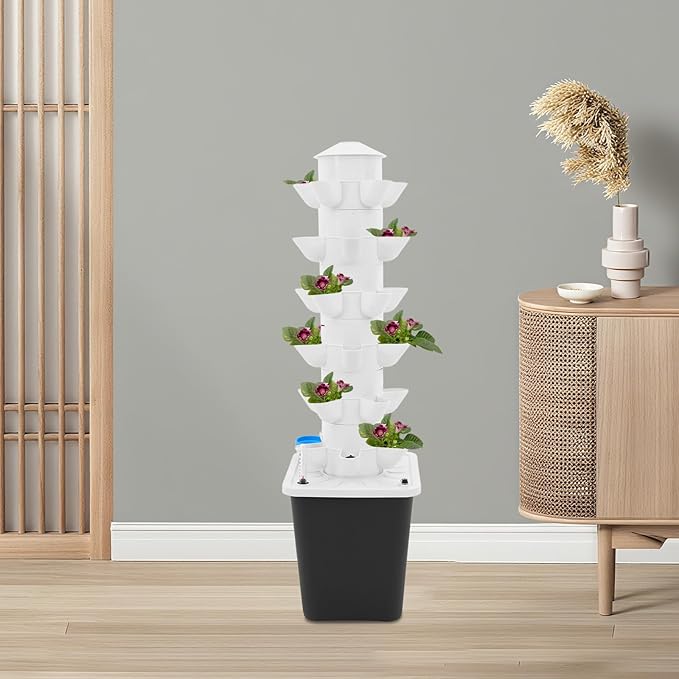 6-Tier Hydroponic Growing Tower 30 Plants Vertical Garden Kit with Water Pump &amp 2.64 Gal Water Tank Hydroponic Tower Growing System for Vegetables Strawberries Herbs Lettuce