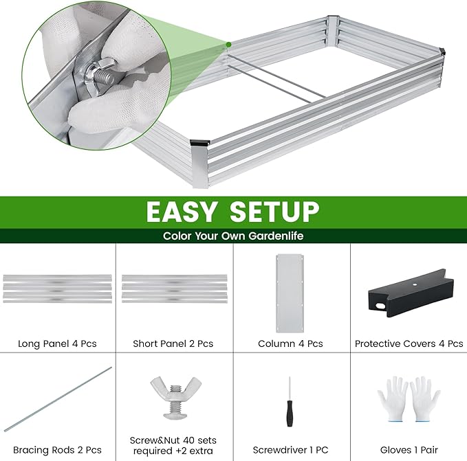 G GOOD GAIN 8x4x1ft Galvanized Raised Garden Bed Heavy-Duty Metal Planter Boxes Outdoor for Vegetables Flowers Herbs Silver(2 Pack)
