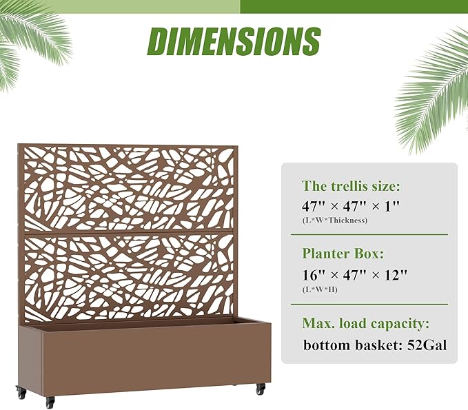 Casaphoria Metal Raised Garden Bed with Trellis and Wheels 47x47x16 Planter Box for Climbing Plants Vegetables &amp Vines Features Drainage Holes and Privacy Screen Brown-Net