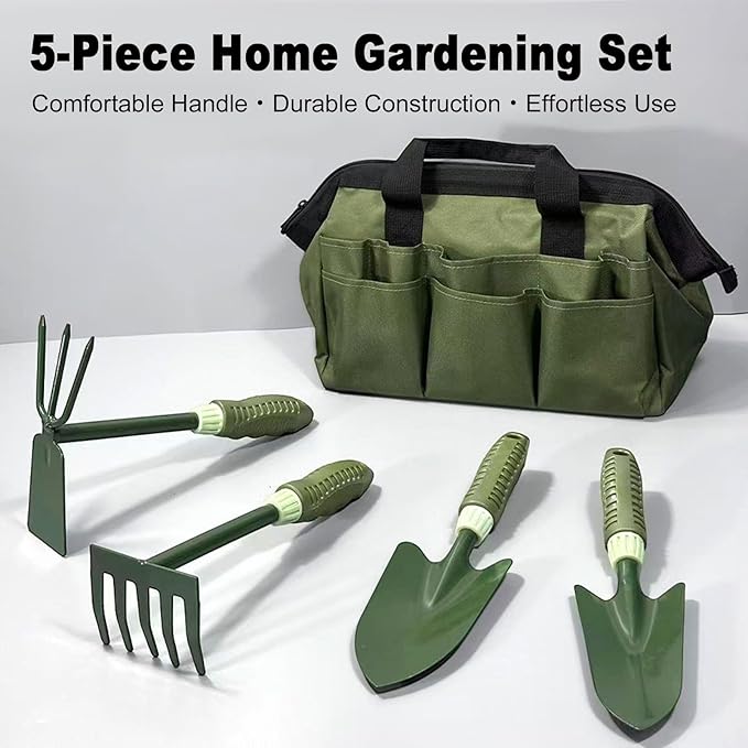 4PCS Garden Tool Set Gardening Tools with Non Slip Rubber Grips and Ergonomic Structure with Storage Bag for Digging Weeding Loosening Soil Transplanting