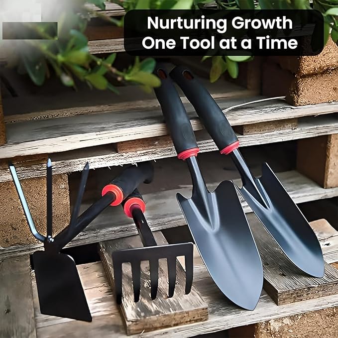 RK_Enterprises 4 Pcs Garden Tools Set (Five Tooth Rake 2 Shovel and Two Headed Hoe) Terrace Balcony Gardening Accessories Kit for Home Garden Essential Farming