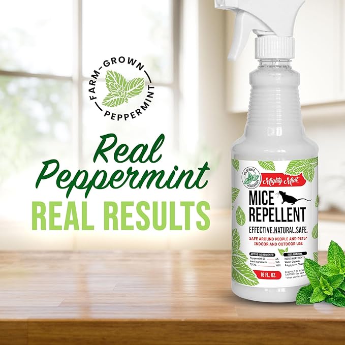Mighty Mint Peppermint Oil Mouse Repellent Spray – Natural Indoor &amp Outdoor Control for Mice and Rodents – Plant-Based Extra-Strong Formula - 16 oz (Pack of 2)