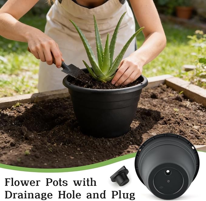 15 Pack 11 Inch Plant Pots with Drainage HolesBlack Plastic Flower Pots with Hanging HolesDurable Planters for Indoor &amp Outdoor PlantsNursery Pots