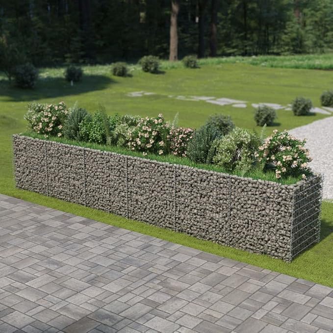 Galvanized Steel Gabion Planter Raised Bed Outdoor Garden Galvanized Steel Wire Mesh Grid Stone Wall Flower Raised Bed for Vegetables Flowers Plants 212.6x35.4x39.4