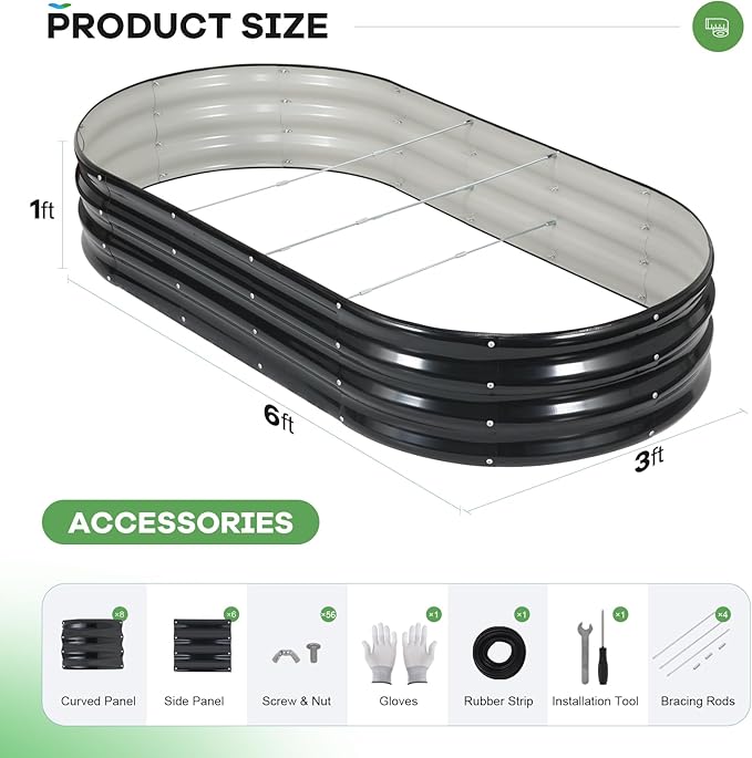 Galvanized Raised Garden Bed Outdoor 6x3x1ft Oval Metal Raised Beds for Gardening Rust-Resistant Garden Planter Box for Planting Vegetables Flowers Fruits in Backyard Patio Lawn(Grey)