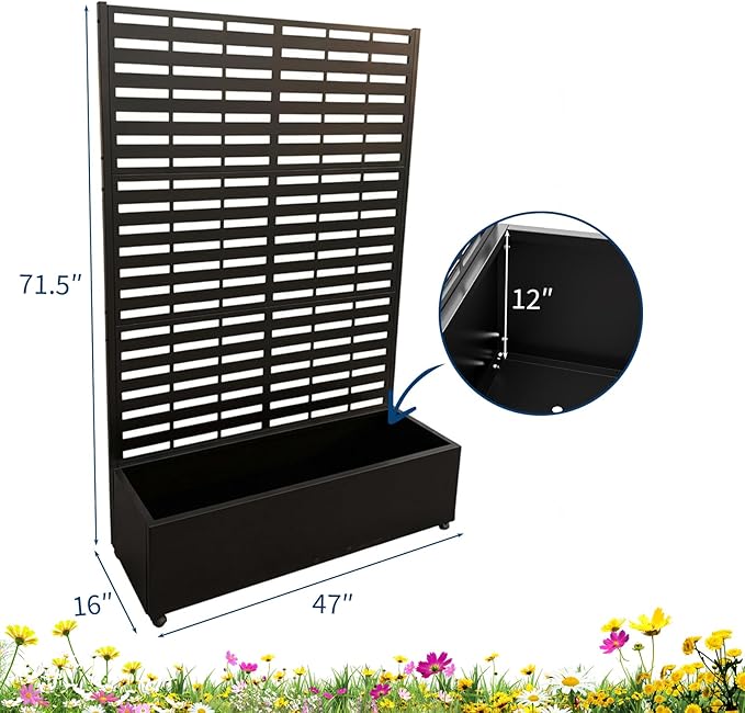 Metal Raised Garden Bed with Trellis &amp Privacy Screen 71.5x47x16 Galvanized Metal Planter Box with Wheels &amp Drainage Holes for Patio Balcony Climbing Plants Flowers Vegetable Black
