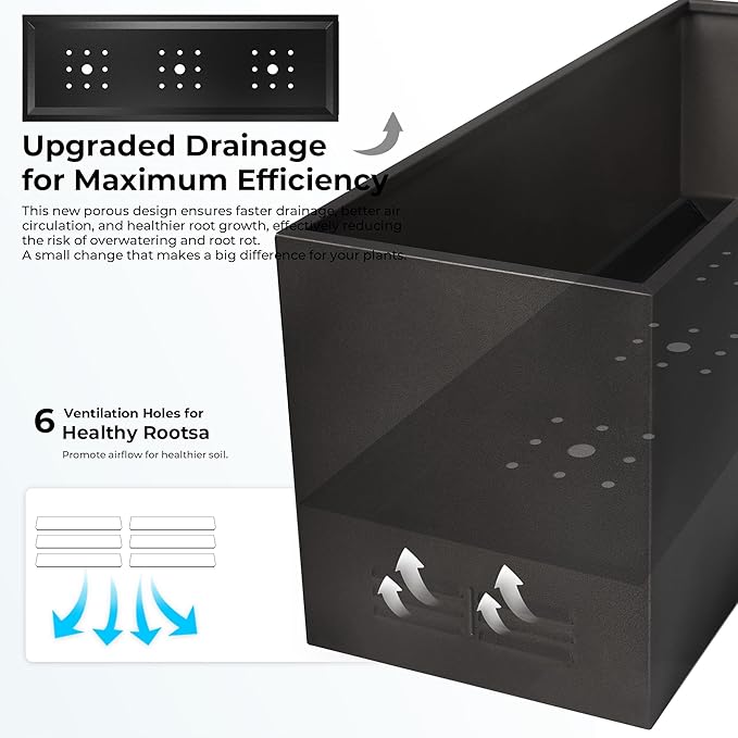 Worth Metal Planter Box with Insert Plate &amp Drain Holes Indoor or Outdoor Use No Assembly Required 30 x 11 x 13 14.3 Gallons Matte Black