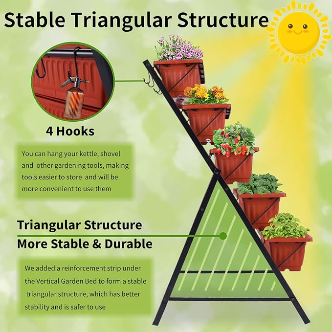 Homdox 3.74FT Vertical Garden Bed 5 Tiers Raised Garden Planter 23 * 26 * 45Inch Outdoor Stand with 4 Hooks for Vegetable Flower Patio Yard Brown