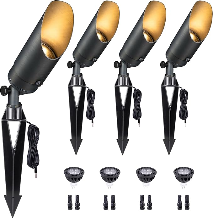 Low Voltage Brass Landscape Spotlights - Waterproof 12V LED Uplights for Garden Yard Tree House - 5W 2700K Warm White MR16 Bulb Outdoor Lighting (Bronze 02)
