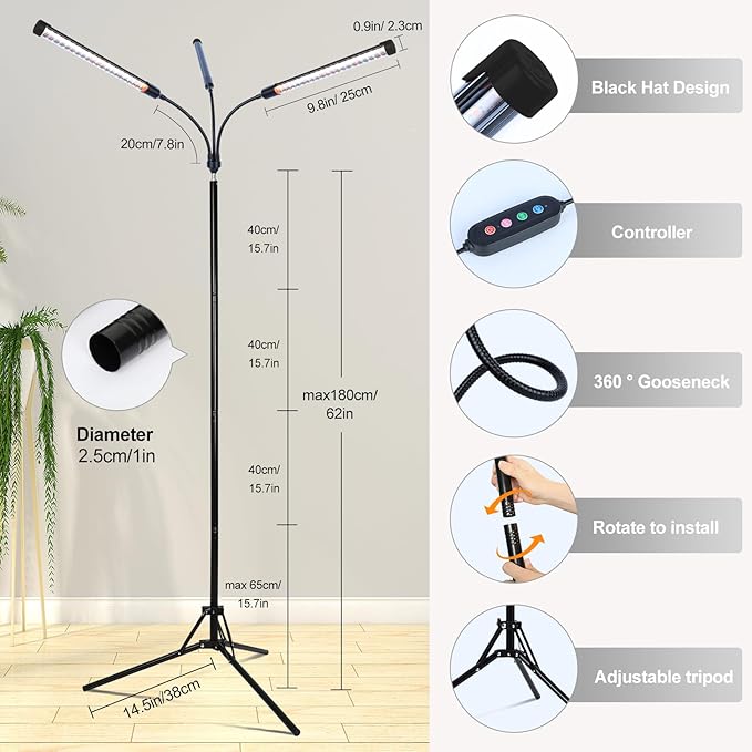 FECiDA 2026 3Head Grow Lights with Upgraded Stand Standing Grow Lights for Indoor Tall Plants Bonsai Tree 4/8/12/16/20 Hr Timer 27 Watt Power Draw NO Need Adapter 24-72 Height Adjustable