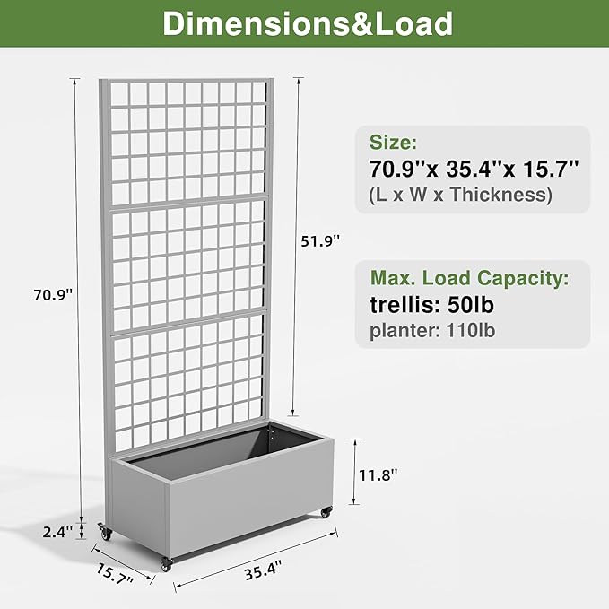 71x35x16 Metal Raised Garden Bed with Trellis Trellis with Planter Box for Backyard Patio Balcony Climbing Plants Gray Lattice