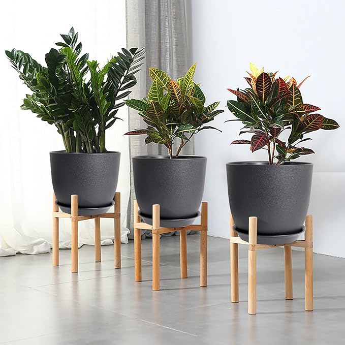 WOUSIWER Plant Pots 10/9/8 inch Set of 3 Modern Decorative Plastic Planters with Drainage Holes and Saucers for House Plants Indoor Flowers Plants Black