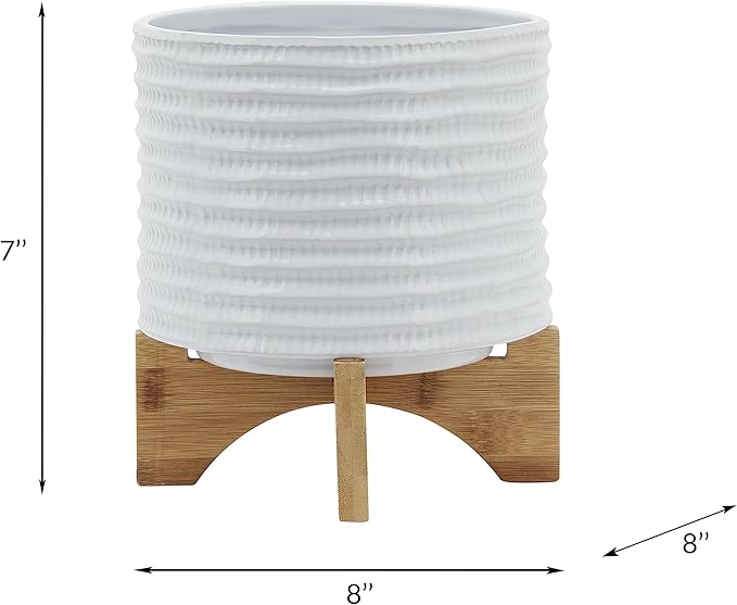 8 Textured Planter W Stand White