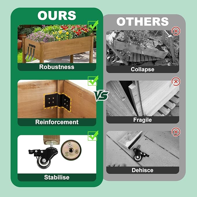 Raised Garden Bed with Wheel 48x24x30in Elevated Wood Planter Box Can Grow Vegetables Flowers and Herbs Suitable for Backyard Patio Balcony Terrace Veranda （Brown）