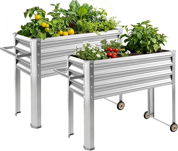 Land Guard 2 Pack Galvanized Raised Garden Bed with Legs &amp Wheels 36×12×32in Metal Elevated Raised Planter Box for Backyard Patio Balcony 300lb Capacity Silver
