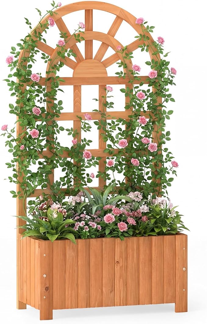 HAPPYGRILL Wooden Raised Garden Bed with Trellis Outdoor Planter Box with Drainage Holes Privacy Screen Natural Fir Wood Elevated Garden Bed for Climbing Plants Flowers (1 Orange 24''x12''x48'')