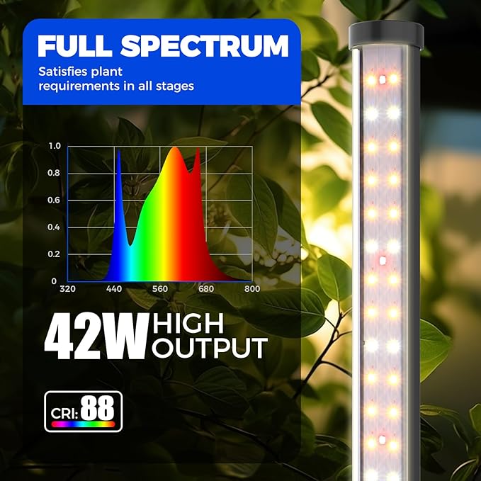 Barrina Grow Lights for Indoor Plants with Stand 42W 169 LEDs Full Spectrum Wide Illumination Area T10 Vertical Standing Plant Grow Light 4FT Height with On/Off Switch and Tripod Floor Stand