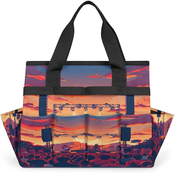 Sunset Music Festival Pattern Garden Tool Bag for Women Men Garden Storage Tote Bag with 10 Pockets &amp Handle Gardening Tool Organizer for Garden Patio Indoor Outdoor