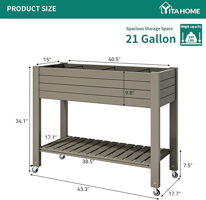 YITAHOME 43.3x17.7x34 in Elevated Garden Bed 2pcs Outdoor Plastic Planter Box with Wheels Legs Drain Plug and Storage Shelf for Plants Vegetables Flowers Herbs Light Brown
