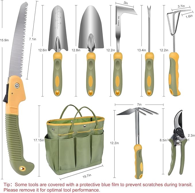 Garden Tool Set WisaKey 9 Piece Stainless Steel Heavy Duty Gardening Hand Tools with Handle Durable Garden Tool Bag Gardening Gifts for Women and Men Valentine's Gift for Woman
