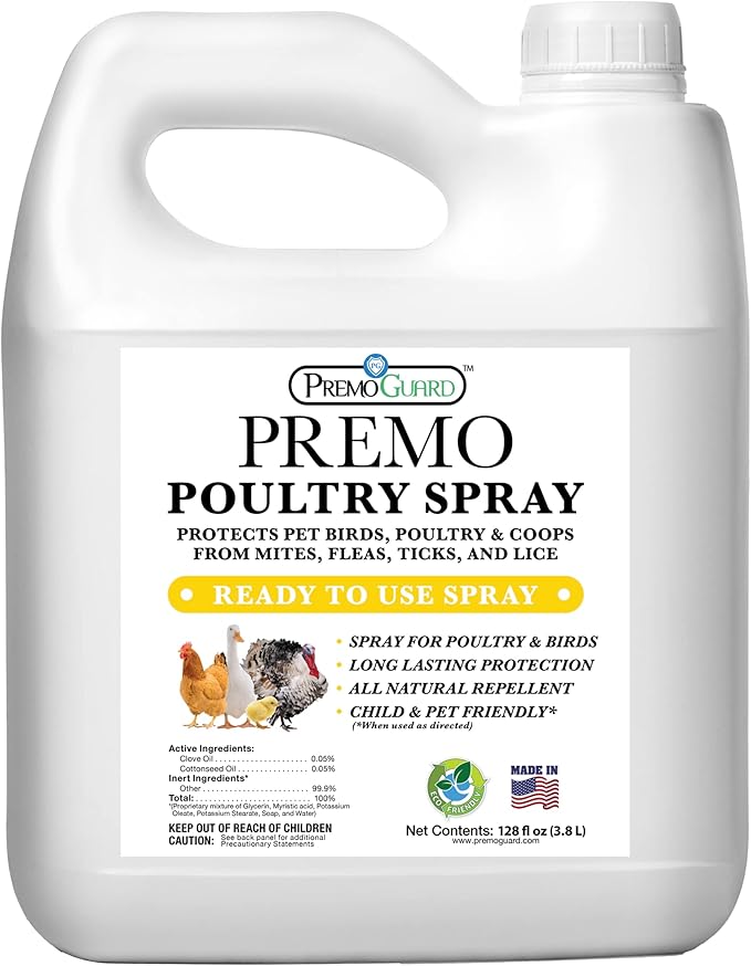 Premo Guard Poultry Spray - 128 oz - Kill Scaly Leg Mites Fleas Lice &amp Other Pest on Chickens and in Coops - Natural Plant Based Oils for Control &amp Prevention - Family Safe with No Egg Wi