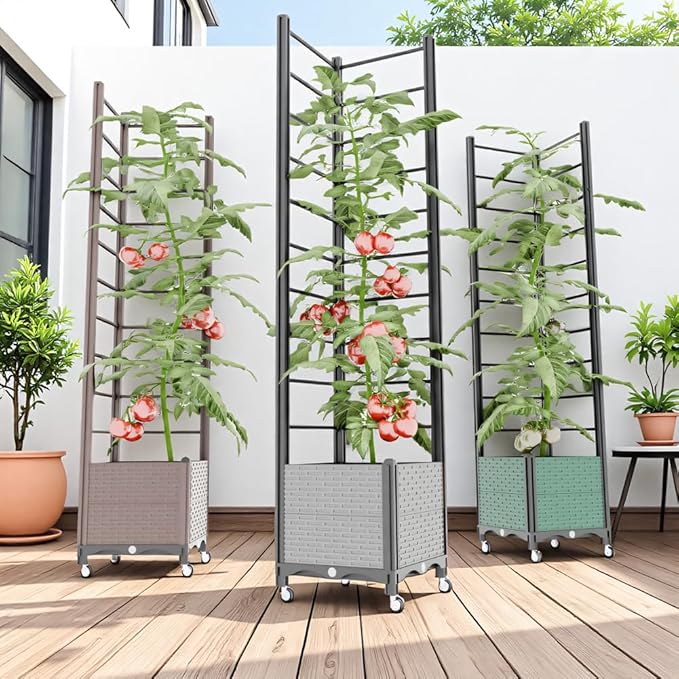 Plant Planters with Raised Bed Plastic Trellis with Wheels Outdoor Plant Climbing Frame for Tomato Rose Hydrangea Climbing PlantsBrown