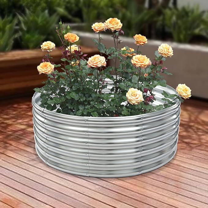 CNCEST 17'' Tall Round Raised Garden Bed Kit42 Diameter Outdoor Metal Flower Beds Planter Box Patio Ground Planter for Planting Vegetables Flowers Herb (Silver)