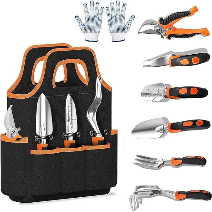 8-Piece Garden Tool Set with Storage Bag – Magnesium Alloy Trowel Rake Cultivator Pruner &amp Gloves for Outdoor Plant Care(Green)