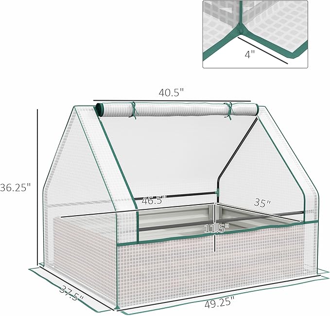 Outsunny 4 x 3 x 1ft Raised Garden Bed with Mini Greenhouse Galvanized Outdoor Planter Box with Cover for Herbs and Vegetables Use for Patio Garden Balcony White Cover and Brown Planter