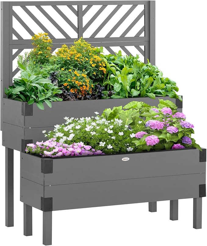 Raised Garden Bed with Trellis - 2 Tier Wooden Elevated Planter Box with Legs and Metal Corners - Ideal for Vegetables Flowers Herbs