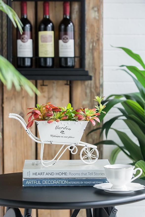 11.5x4x7 White Metal Decorative Disressed Wheelbarrow Planter Tabletop Decor