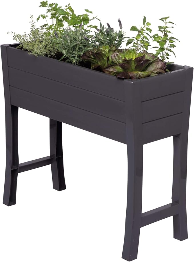 NuVue Products 26021 Outdoor Elevated Garden Bed for Growing Edible Plants and Flowers BPA-Free Woodgrain Panel Elevated Planter Box 35.5” L x 15” W x 32” H Dark Gray