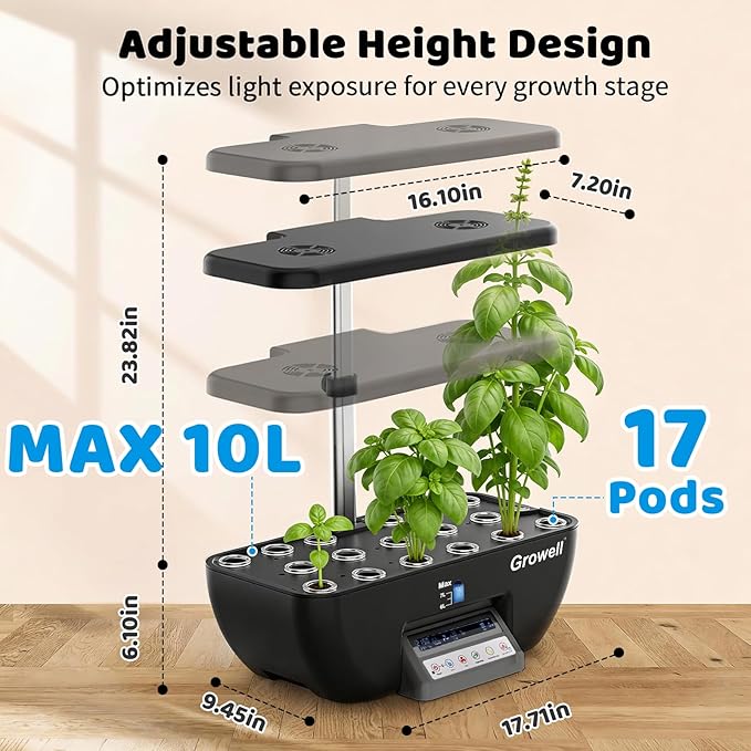 Hydroponics Growing System Kit 17 Pods Indoor Herb Garden with 2 Fans Circulation Grow Light Smart Water Cycle Auto Timer 10L Water Tank Perfect Indoor Gardening System Gifts(Black/Grey)