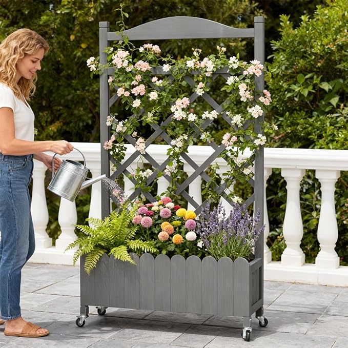 COMHOMA Raised Garden Bed with Trellis and Wheels48Inch Elevated Planter Box with Drainage HolesLattice Privacy Screen for Climbing Plants VegetablesOutdoor for Patio Balcony YardGray