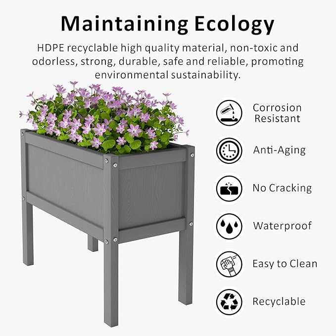 Raised Garden Bed with Drainage Hole Waterproof HDPE Elevated Planter Box with Legs Stable and Durable to Plant Herb Vegetable FlowerPatioBalcony Outdoors/Indoors Gray