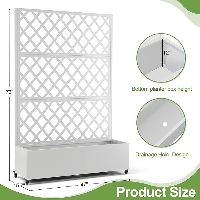 Metal Planter Trellis Box with Wheels &amp Drain Plug Outdoor Raised Garden Bed Patio Privacy Screen with Planter for Climbing Plants Vegetables 73x47x16 White-Diamond