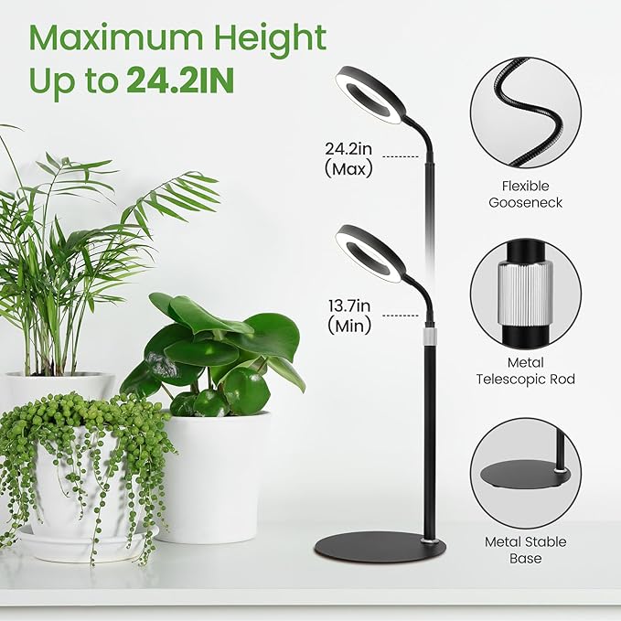 Desk Grow Lights for Indoor Plants Red Blue Full Spectrum Desktop LED Plant Growing Lamps Height Adjustable 13.7-24.2inch 3/9/12H Auto Timer10 Levels Dimmable Black Table Growth Light