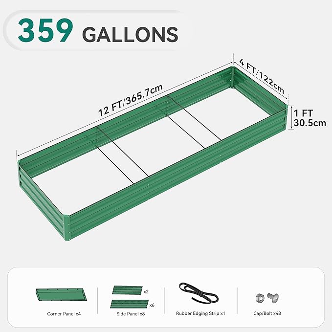 YITAHOME 144x48x12 in Galvanized Raised Garden Bed Kit Large Metal Planter Box with Gloves Safety Rubber &amp Support Rod Outdoor Flower Bed for Plants Vegetables Green