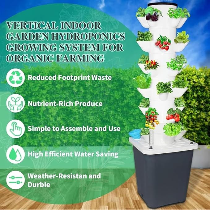 Hydroponic Tower Growing System Indoor hydroponic Grow System Vertical Grow Tower 6 Layer 30 Plants Sites with Pump and Movable Water Tank