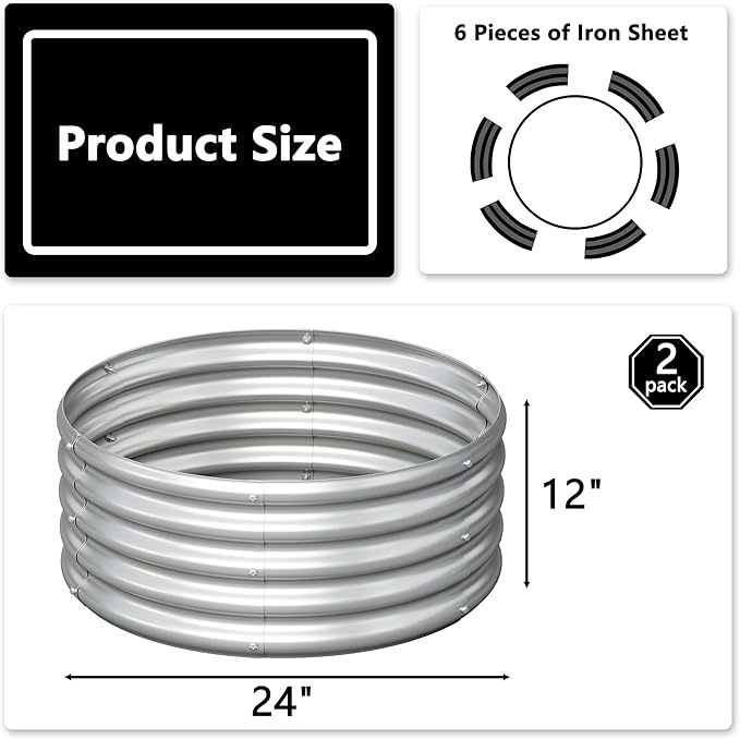 2x2x1ft(2 Pack) Galvanized Round Raised Garden BedOutdoor Planter Box Metal Patio Kit Planting Bed for Vegetables Flowers HerbSilver