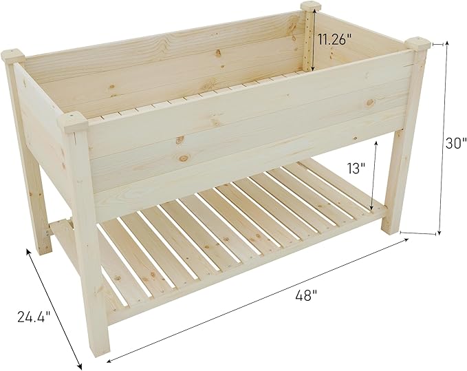 BIRASIL Outdoor Wood Raised Garden Bed Elevated Reinforced Large Planter Box with Storage Shelf for Vegetable Flower Backyard Patio Gardening Balcony (48”L Natural Wood)