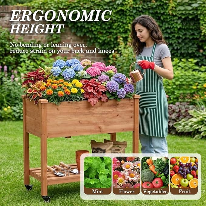 Raised Garden Bed with Lockable Wheels 32x16x32 inch Elevated Wood Planter with Storage Shelf Protective Liner for Vegetable Flower Herb Outdoor Balcony Patio Backyard Brown