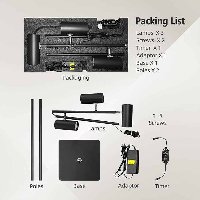 90W Dimmable Grow Light Full Spectrum COB LED Triple-Head Floor Lamp with High CRI 6/8/12H Timer Adjustable Height (43-83) &amp Angle – Standing Grow Lights for Indoor Plants (daylight 6000K)