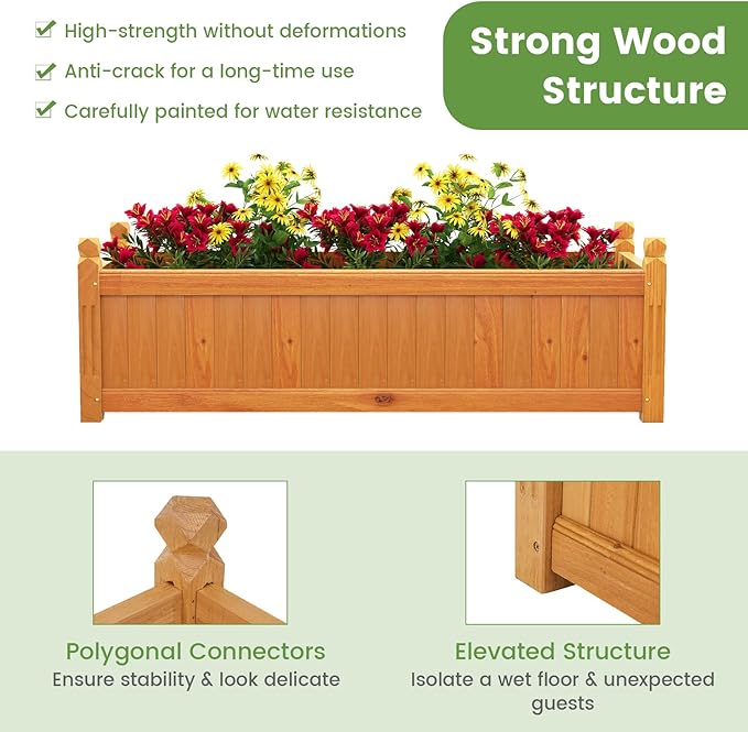 2 Pcs Wooden Raised Garden Bed 43.5 L x 16 W x 14 H Outdoor Planter Box with Drainage Holes Rectangular Garden Bed for Flowers Herbs Vegetables Fruits Backyard Patio Balcony