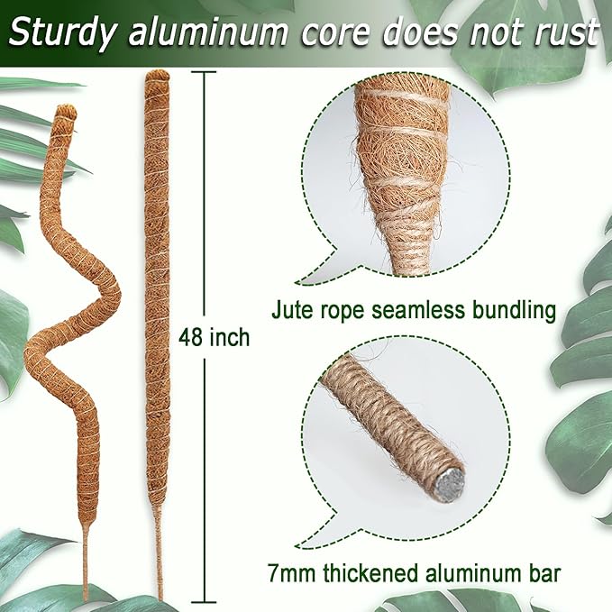 2 Pack 48'' Bendable Moss Pole for Monstera &amp Pothos - Tall Handmade Coco Coir Plant Support Stakes for Large Climbing Indoor Plants Potted Houseplant Trellis Accessories