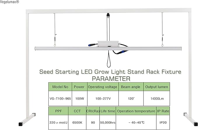 LED Grow Light Lamp Stand for Plant Seedling Germination Vege Flower GrowthFull Spectrum CRI 90+ White Light CCT 6500KIsolated Dimming Power with On/Off SwitchHeight Adjustable100W4FT