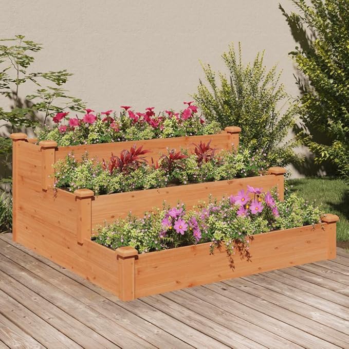 Wooden Garden Raised Bed with Stair-Step Design 3 Tier Wooden Raised Garden Bed Outdoor Elevated Flower Planter Box Outdoor Planting Container Brown 47.2x47.2x22 Solid Wood Fir