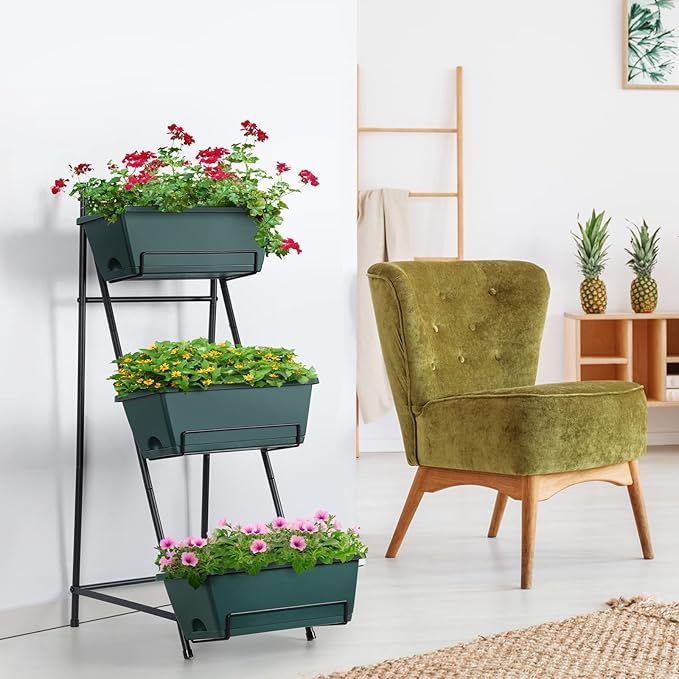 3 Tier Raised Garden Bed Vertical Elevated Garden Planter Standing Garden Bed Planter Box with Removable Tray Outdoor Herb Planter Stand on Patio Balcony Porch Green